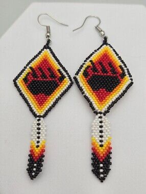 Bear Paw Beaded Feather Dangle Earrings Brick Stitch Boho Southwestern 3.5"